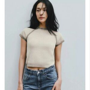Zara Cream and Gray Short Sleeve Top